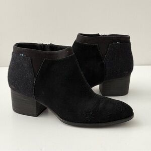 Toms Women's Loren Suede Wool Blend Ankle Boots Black Stacked Heel Size 7